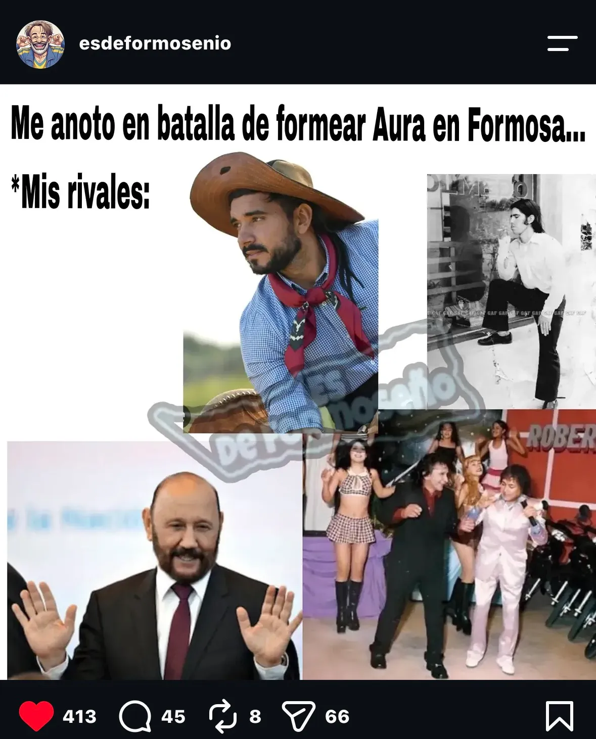El gobernador Gildo Insfrán junto al músico Lázaro Caballero y el recordado conductor Roberto Oviedo en un meme que ironiza sobre el "aura" y el peso indiscutido de estas figuras en la cultura popular y política formoseña.