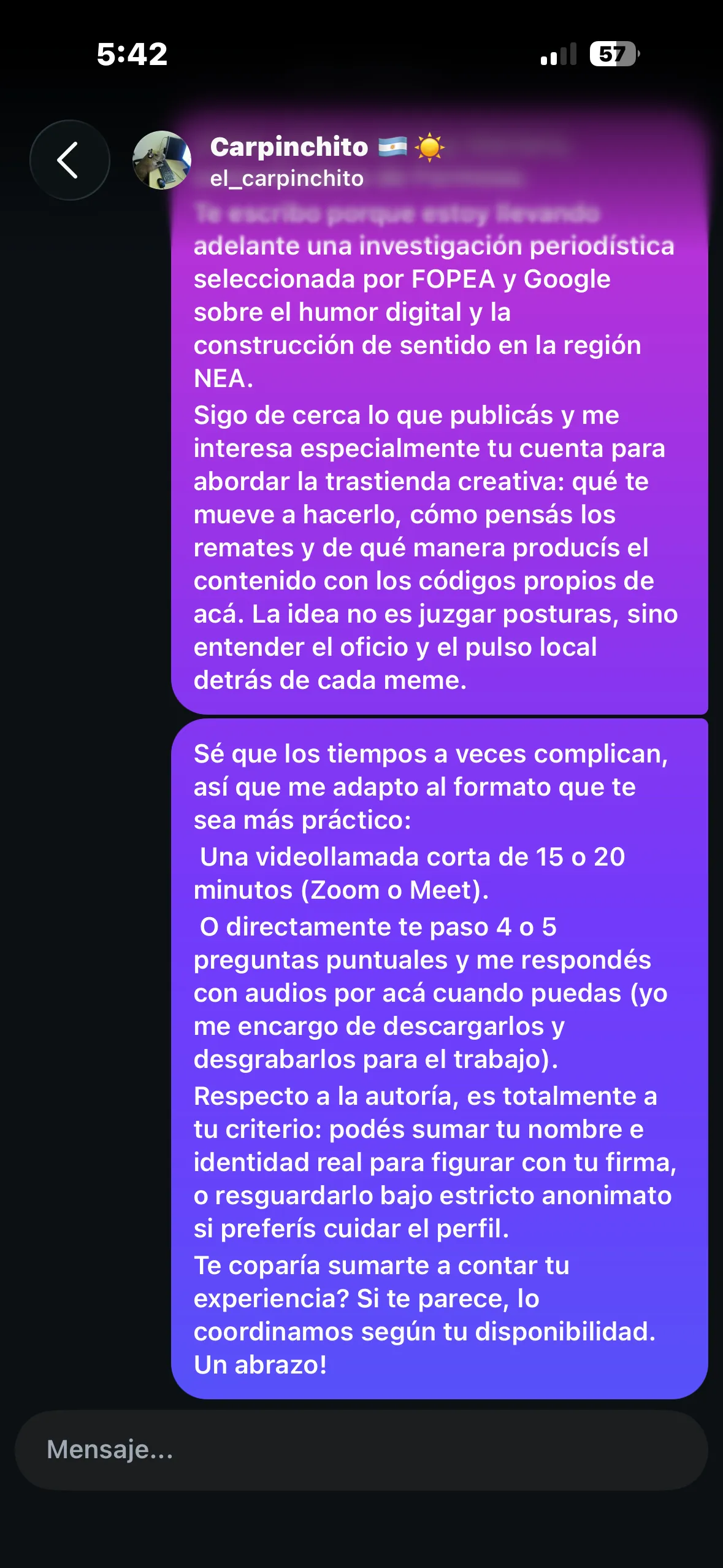 La captura de chat expone la tensión entre el abordaje periodístico formal, estructurado en bloques de texto y credenciales institucionales (FOPEA y Google), y la naturaleza opaca de las cuentas de memes formoseñas. El intento por indagar en la trastienda creativa y el pulso local choca contra la barrera del anonimato, demostrando cómo la demanda de transparencia naufraga frente al mutismo de un creador escudado tras su avatar.