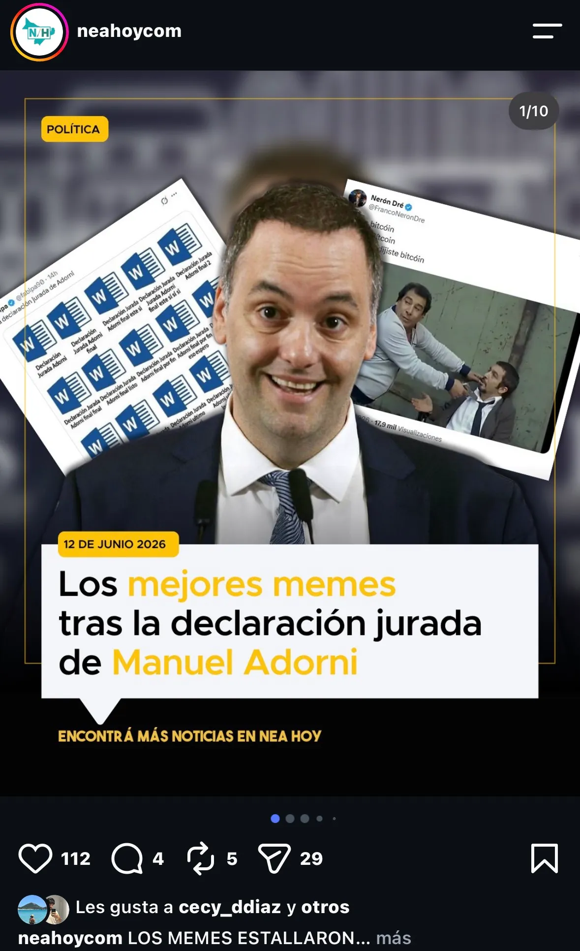 La noticia reconfigurada para el ecosistema digital. El mismo medio adapta el tema de Adorni al formato carrusel de Instagram mediante una recopilación de memes, utilizando la sátira como estrategia de "engagement" para conectar con la audiencia en redes sociales.