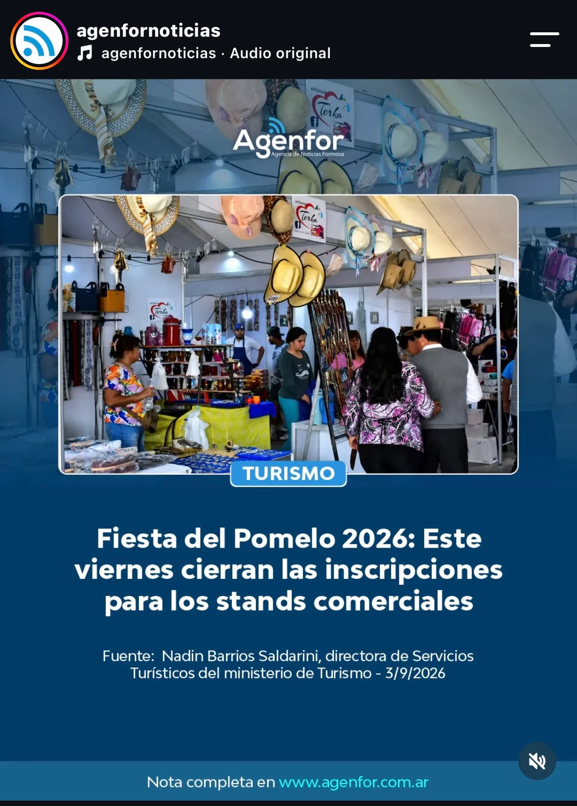 Cobertura de la agencia estatal sobre el cierre de inscripciones para el sector comercial del festival. La pieza mantiene un registro periodístico formal que no logra interpelar a la audiencia, registrando apenas 9 interacciones. Este tipo de mensajes ilustra la distancia entre la agenda informativa institucional y los consumos culturales de los usuarios.